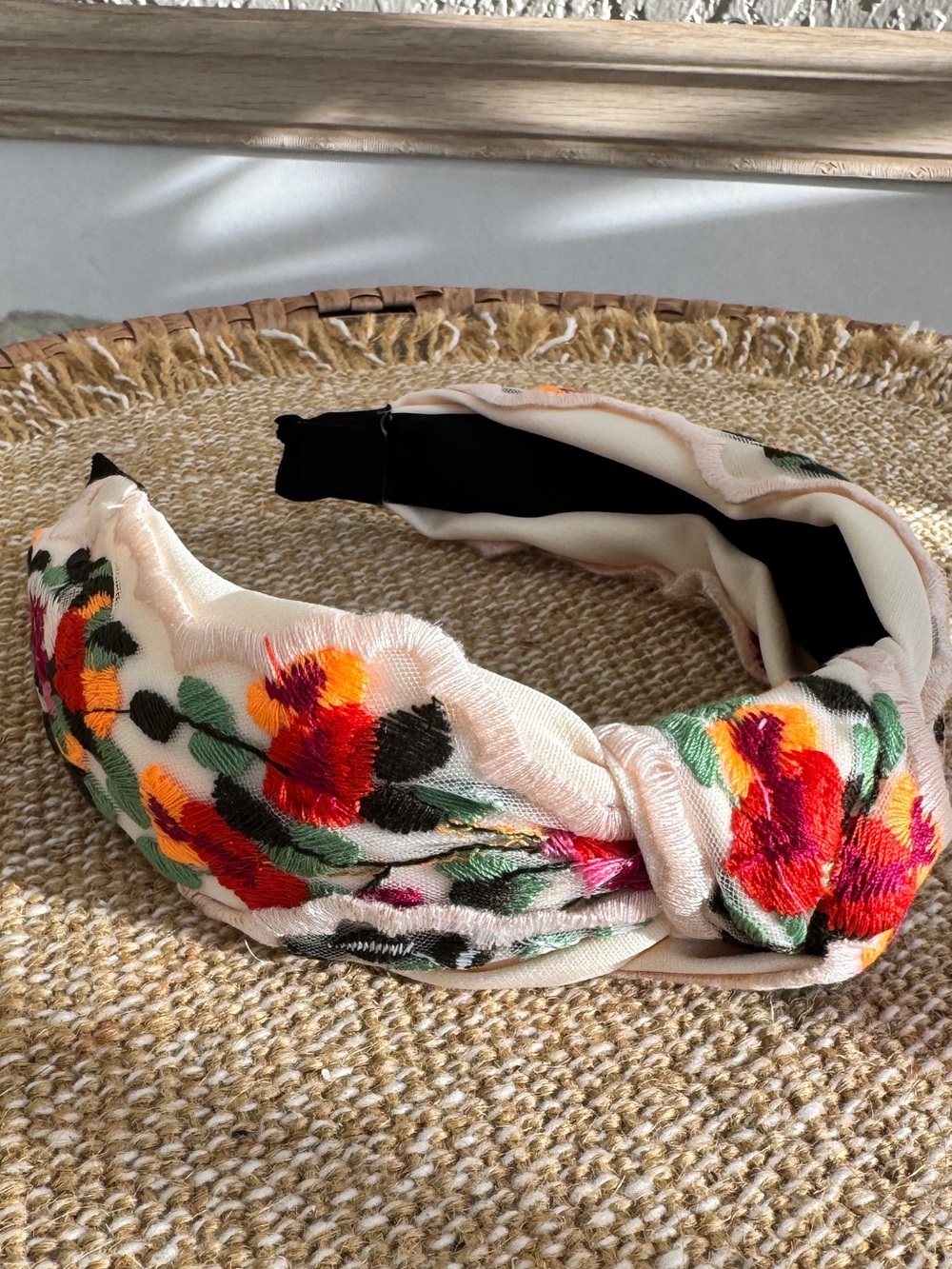 Mango Cream Knotted Headband with Red, Orange & Green Floral Embroidery